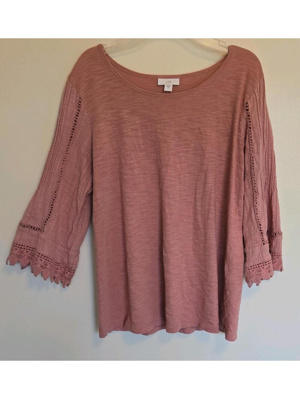 J. Jill Women's XS Pink Knit Top Scoop Neck Lace Embroidery 3/4 Bell Sleeve Boho